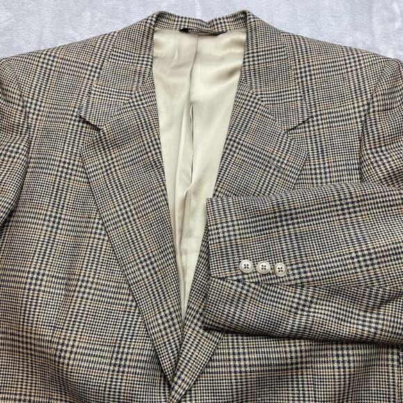 Allyn Saint George 100% Silk Blazer Jacket Mens 42R Tan Black Houndstooth Plaid - Picture 1 of 15